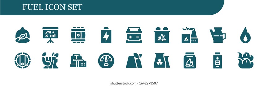 Modern Simple Set of fuel Vector filled Icons. Contains such as Ecologism, Dashboard, Barrel, Battery, Factory, Oil, Fire, Log and more Fully Editable and Pixel Perfect icons.