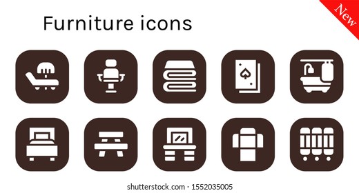 Modern Simple Set of furniture Vector filled Icons. Contains such as Sunbed, Armchair, Blanket, Deck, Bathtub, Bed, Table, Vanity and more Fully Editable and Pixel Perfect icons.