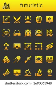 Modern Simple Set of futuristic Vector filled Icons. Contains such as Transform, Rocket, Saber, Hologram, Cyborg, Monitor, Eye scan and more Fully Editable and Pixel Perfect icons.