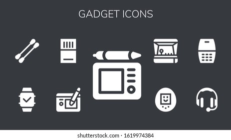 Modern Simple Set of gadget Vector filled Icons. Contains such as Graphic tablet, Memory card, Smartwatch, Earbuds, Headphones and more Fully Editable and Pixel Perfect icons.