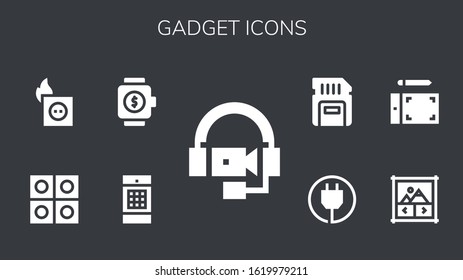 Modern Simple Set of gadget Vector filled Icons. Contains such as Headphones, Image gallery, Smartwatch, Tablets, Plug, Graphic tablet and more Fully Editable and Pixel Perfect icons.