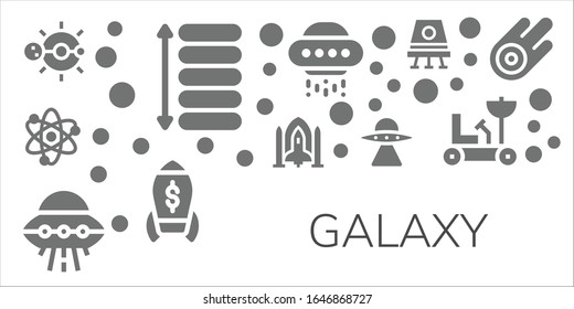 Modern Simple Set of galaxy Vector filled Icons. Contains such as Solar system, Spacing, Spaceship, Ufo, Aliens, Rocket, Space capsule and more Fully Editable and Pixel Perfect icons.