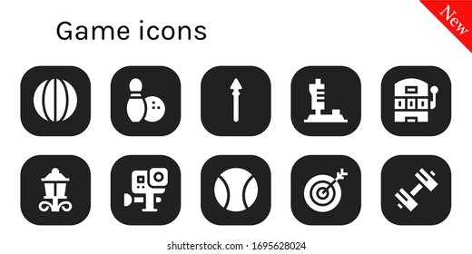 Modern Simple Set of game Vector filled Icons. Contains such as Volleyball, Bowling, Spear, Joystick, Slot machine, Street lamp and more Fully Editable and Pixel Perfect icons.