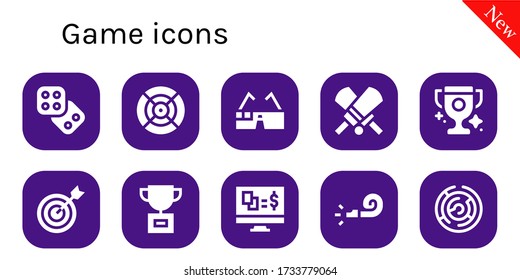 Modern Simple Set of game Vector filled Icons. Contains such as Dice, Dart, Virtual glasses, Cricket, Trophy, Target, Gambling and more Fully Editable and Pixel Perfect icons.