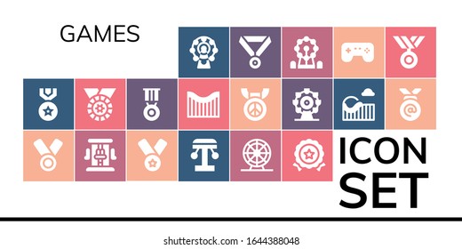 Modern Simple Set of games Vector filled Icons. Contains such as Ferris wheel, Medal, Roller coaster, Amusement park, Games and more Fully Editable and Pixel Perfect icons.