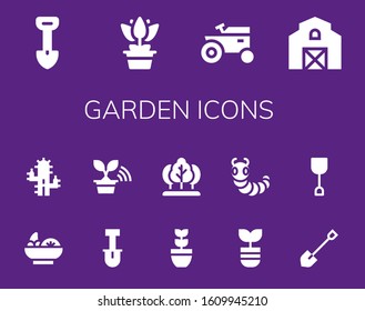 Modern Simple Set of garden Vector filled Icons. Contains such as Shovel, Flower, Tractor, Barn, Salad, Cactus, Tree, Plant, Caterpillar and more Fully Editable and Pixel Perfect icons.