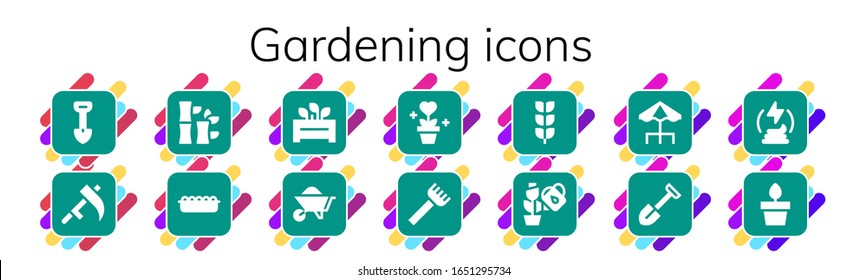 Moderno y simple conjunto de íconos rellenos de vectores. Contiene, como Shovel, Scythe, Bamboo, Sand, Flowerpot, Wheelbarrow, Plant y más íconos totalmente editables y Pixel Perfect.