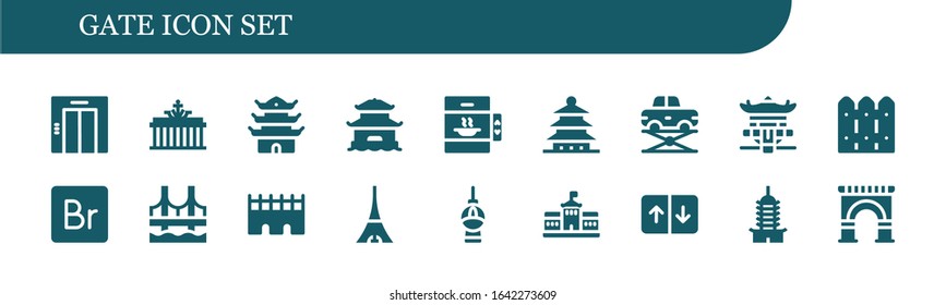 Modern Simple Set of gate Vector filled Icons. Contains such as Elevator, Brandenburg gate, Pagoda, Fence, Bridge, Tokyo, Fernsehturm berlin and more Fully Editable and Pixel Perfect icons.