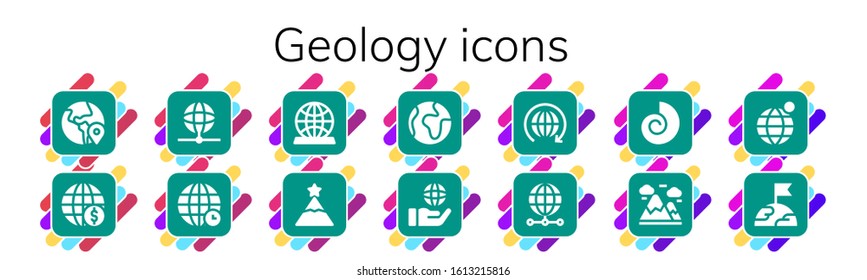 Modern Simple Set of geology Vector filled Icons. Contains such as Globe, Earth globe, Earth, World, Peak, Fossil, Mountains and more Fully Editable and Pixel Perfect icons.