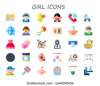 Modern Simple Set of girl Vector flat Icons. Contains such as profile, support, duck, avatar, stroller, customer service, rattle and more Fully Editable and Pixel Perfect icons.