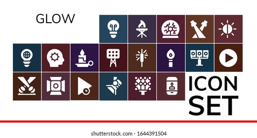 Modern Simple Set of glow Vector filled Icons. Contains such as Lightbulb, Bulb, Spotlight, Play, Light, Candle, Inspiration, Lights and more Fully Editable and Pixel Perfect icons.