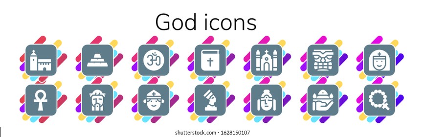 Modern Simple Set of god Vector filled Icons. Contains such as Church, Ankh, Ingots, Jesus, Om, Priest, Bible, Pharaoh, Buddha and more Fully Editable and Pixel Perfect icons.