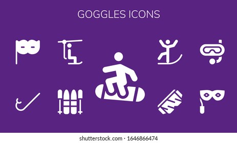 Modern Simple Set of goggles Vector filled Icons. Contains such as Snowboard, Ski, Chairlift, Snorkel, Eye mask, Safety glasses and more Fully Editable and Pixel Perfect icons.