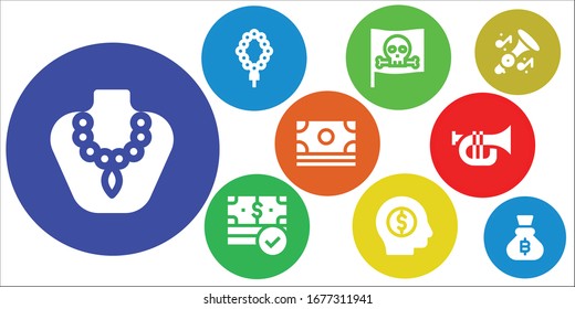 Modern Simple Set of gold Vector filled Icons. Contains such as Necklace, Pirate, Money, Trumpet, Bitcoin and more Fully Editable and Pixel Perfect icons.