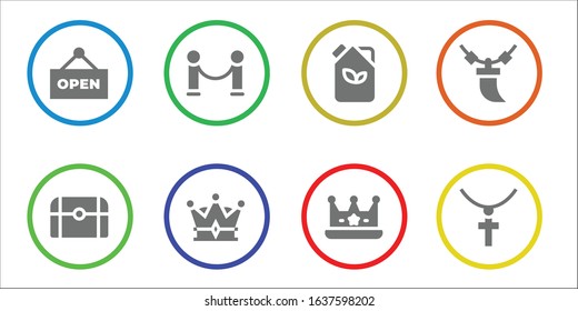 Modern Simple Set of golden Vector filled Icons. Contains such as Open, Treasure, Velvet, Crown, Fuel, Necklace, Jewelry and more Fully Editable and Pixel Perfect icons.