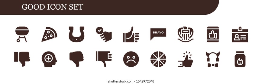 Modern Simple Set of good Vector filled Icons. Contains such as Charcoal, Pizza, Horseshoe, Satisfied, Thumbs up, Bravo, Nice and more Fully Editable and Pixel Perfect icons.