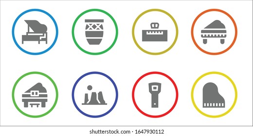 Modern Simple Set of grand Vector filled Icons. Contains such as Piano, Conga, Canyon, Opener and more Fully Editable and Pixel Perfect icons.