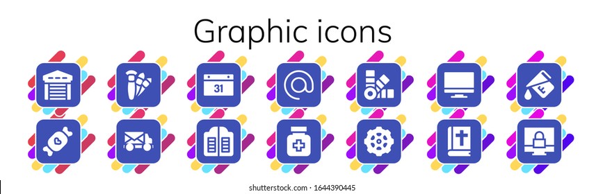 Modern Simple Set of graphic Vector filled Icons. Contains such as Garage, Candy, Brushes, Mail truck, Calendar, Doors, Arroba and more Fully Editable and Pixel Perfect icons.
