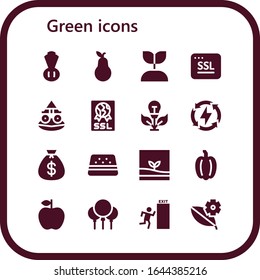 Modern Simple Set of green Vector filled Icons. Contains such as Chives, Pear, Growing plant, Ssl, Toad, Green energy, Energy and more Fully Editable and Pixel Perfect icons.