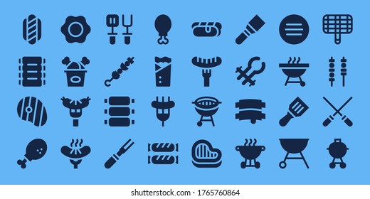 Modern Simple Set of grilled Vector filled Icons. Contains such as Hot dog, Ribs, Steak, Chicken leg, Fried egg, Fried chicken and more Fully Editable and Pixel Perfect icons.