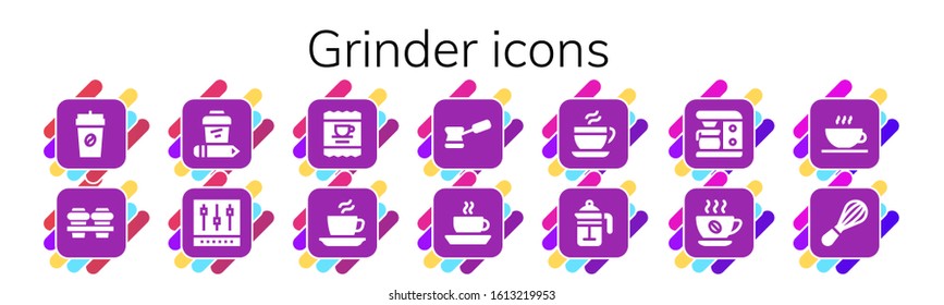 Modern Simple Set of grinder Vector filled Icons. Contains such as Coffee, Mixer, French press, Coffee maker, Coffee shop and more Fully Editable and Pixel Perfect icons.