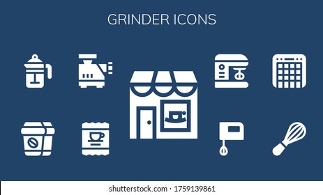 Modern Simple Set of grinder Vector filled Icons. Contains such as Coffee shop, Coffee, Meat grinder, French press, Mixer and more Fully Editable and Pixel Perfect icons.