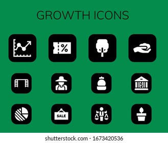 Modern Simple Set of growth Vector filled Icons. Contains such as Line chart, Ladder, Pie chart, Sale, Gardener, Tree, Cactus and more Fully Editable and Pixel Perfect icons.