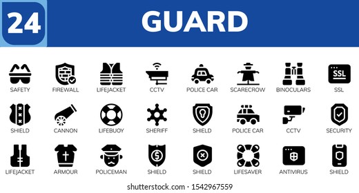 Modern Simple Set of guard Vector filled Icons. Contains such as Safety, Firewall, Lifejacket, Cctv, Police car, Scarecrow, Binoculars and more Fully Editable and Pixel Perfect icons.