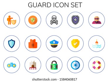 Modern Simple Set of guard Vector flat Icons. Contains such as protection, shield, life jacket, danger, police, bodyguard, buoy and more Fully Editable and Pixel Perfect icons.
