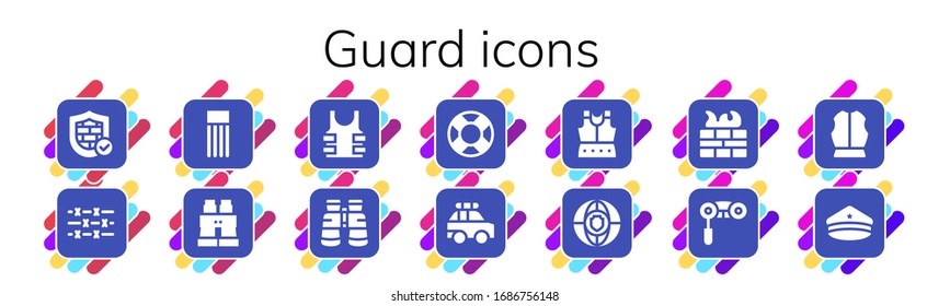 Modern Simple Set of guard Vector filled Icons. Contains such as Firewall, Barbed wire, Float, Binoculars, Bulletproof, Lifebuoy and more Fully Editable and Pixel Perfect icons.