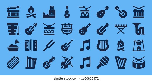 Modern Simple Set of guitar Vector filled Icons. Contains such as Drum, Xylophone, Guacamole, Harmonica, Bonfire, Guitar, Accordion and more Fully Editable and Pixel Perfect icons.