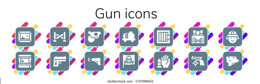 Moderno y simple conjunto de pistolas Vectoras llenas de Iconos. Contiene como Pintura, Juego de Arcade, Línea de Policía, Arma, Pistol, pistola de agua, Tanque y más íconos Totalmente Editables y Perfecto de Pixel.