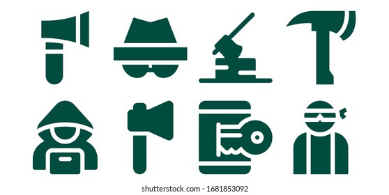 Modern Simple Set of hack Vector filled Icons. Contains such as Hacker, Axe and more Fully Editable and Pixel Perfect icons.