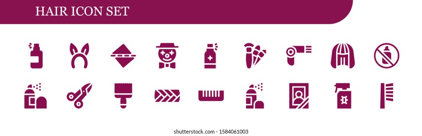Modern Simple Set of hair Vector filled Icons. Contains such as Spray, Headband, Straighten, Clown, Brushes, Hairdryer, Wig, Aerosol and more Fully Editable and Pixel Perfect icons.