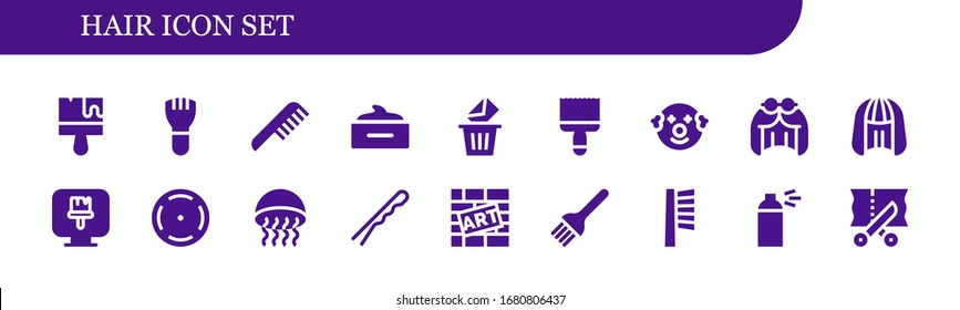 Modern Simple Set of hair Vector filled Icons. Contains such as Brush, Makeup, Comb, Hair mask, Removed, Paint brush, Clown, Wig and more Fully Editable and Pixel Perfect icons.