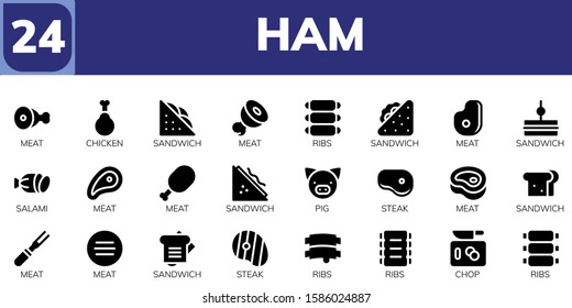 Modern Simple Set of ham Vector filled Icons. Contains such as Meat, Chicken, Sandwich, Ribs, Salami, Pig, Steak, Chop and more Fully Editable and Pixel Perfect icons.