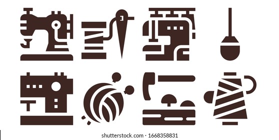 Modern Simple Set of handmade Vector filled Icons. Contains such as Sewing machine, Yarn ball, Thread, Adze, Awl and more Fully Editable and Pixel Perfect icons.