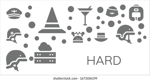 Modern Simple Set of hard Vector filled Icons. Contains such as Hat, Helmet, Martini, Server, Boxing helmet and more Fully Editable and Pixel Perfect icons.