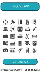 Modern Simple Set of hardware Vector filled Icons. Contains such as Cpu, Hammer, Screw, Usb, Cd, Server, Configuration, Socket and more Fully Editable and Pixel Perfect icons.