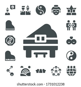Modern Simple Set of harmony Vector filled Icons. Contains such as Friend, Piano, Yin yang, Cooperation, Friends, Rainbow, Buddha and more Fully Editable and Pixel Perfect icons.