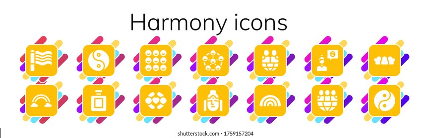 Modern Simple Set of harmony Vector filled Icons. Contains such as Rainbow, Yin yang, Fragance, Friends, Buddha, Friend and more Fully Editable and Pixel Perfect icons.
