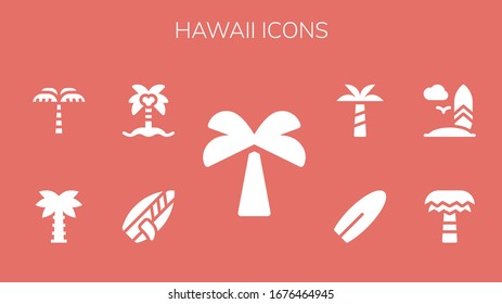 Modern Simple Set of hawaii Vector filled Icons. Contains such as Palm tree, Surfboard, Coconut tree and more Fully Editable and Pixel Perfect icons.