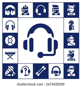 Modern Simple Set of headphone Vector filled Icons. Contains such as Headphones, DJ, Headset, Electric piano, Operator, Call center and more Fully Editable and Pixel Perfect icons.