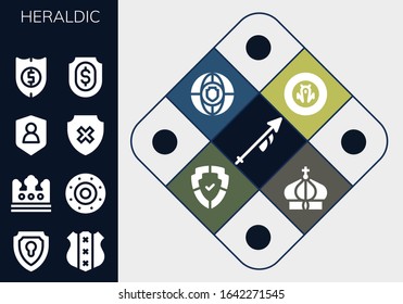 Modern Simple Set of heraldic Vector filled Icons. Contains such as Lance, Shield, Crown and more Fully Editable and Pixel Perfect icons.