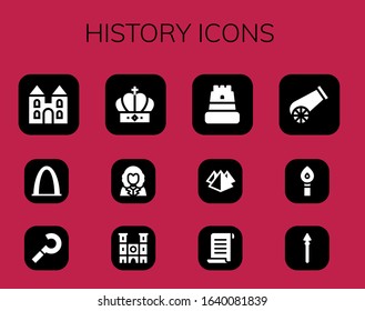 Modern Simple Set of history Vector filled Icons. Contains such as Castle, Gateway arch, Sickle, Crown, George washington, Notre dame and more Fully Editable and Pixel Perfect icons.