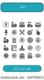 Modern Simple Set of hit Vector filled Icons. Contains such as Target, Bowling, Bowling pins, Drum, Punching bag, Darts, Touch and more Fully Editable and Pixel Perfect icons.