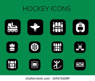 Modern Simple Set of hockey Vector filled Icons. Contains such as Roller skate, Puck, Ski, Totem, Hockey, Skiing, Boxing helmet and more Fully Editable and Pixel Perfect icons.