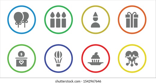 Modern Simple Set of holiday Vector filled Icons. Contains such as Balloons, Gift, Candles, Hot air balloon, Birthday boy, Cupcake and more Fully Editable and Pixel Perfect icons.
