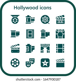 Modern Simple Set of hollywood Vector filled Icons. Contains such as Reel, Film roll, Clapperboard, Film, Theater, Movie, Film reel and more Fully Editable and Pixel Perfect icons.