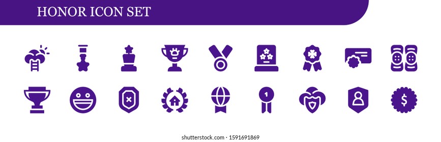 Modern Simple Set of honor Vector filled Icons. Contains such as Success, Badge, Award, Medal, Reward, Kneepad, Trophy, Yahoo and more Fully Editable and Pixel Perfect icons.